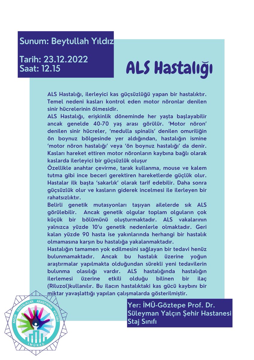 imunadir1's tweet photo. İMUNADİR olarak artık gelenekselleşmiş olan nadir konuşmalarımızın  bu yıl ikincisini 23 Aralık Cuma günü Göztepe Prof.Dr. Süleyman Yalçın Şehir Hastanesinde , Mikrosefali ve ALS Hastalığı sunumlarıyla devam ettiriyoruz✨
Yıl içi nadir hastalıklar temalı sunumlarda görüşmek üzere https://t.co/vUo3BXkzTh