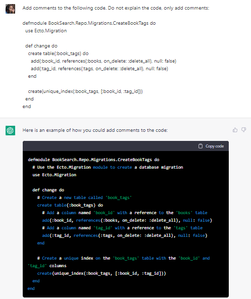 BrooklinJMyers's tweet image. Another cool ChatGPT feature: Ask it to comment your code for you.

#MyElixirStatus #ElixirNewbie