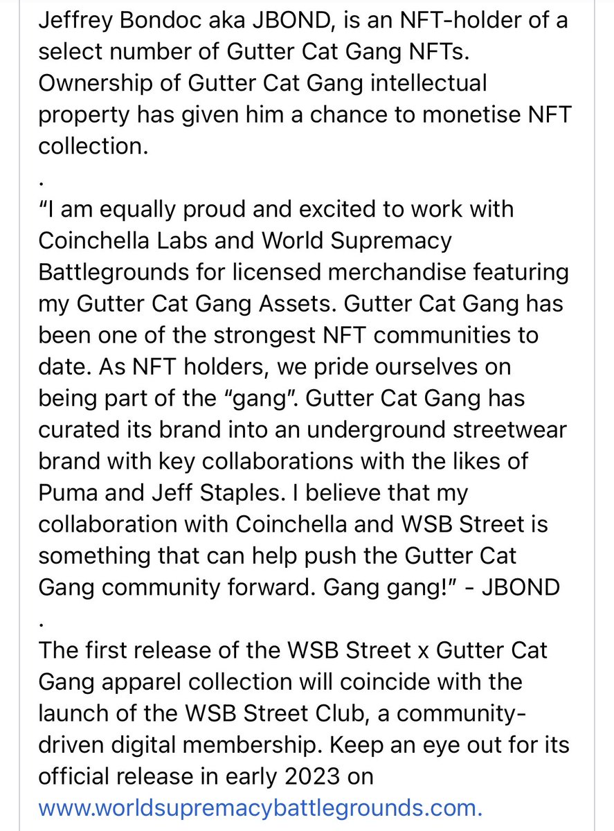 JBond 🍌 (@jbondwagon) on Twitter photo 🚨IP NEWS🚨
I am excited to announce that I closed another licensing deal. This time, it’s for <a href="/GutterCatGang/">Gutter Cat Gang</a> assets
I’m licensing my GCG NFTs to World Suppremacy Battlegrounds (WSB), 1 of the largest hip-hop organization globally! I’m excited to bring GANG GANG to WSB! 😼 🚨IP NEWS🚨
I am excited to announce that I closed another licensing deal. This time, it’s for <a href="/GutterCatGang/">Gutter Cat Gang</a> assets
I’m licensing my GCG NFTs to World Suppremacy Battlegrounds (WSB), 1 of the largest hip-hop organization globally! I’m excited to bring GANG GANG to WSB! 😼