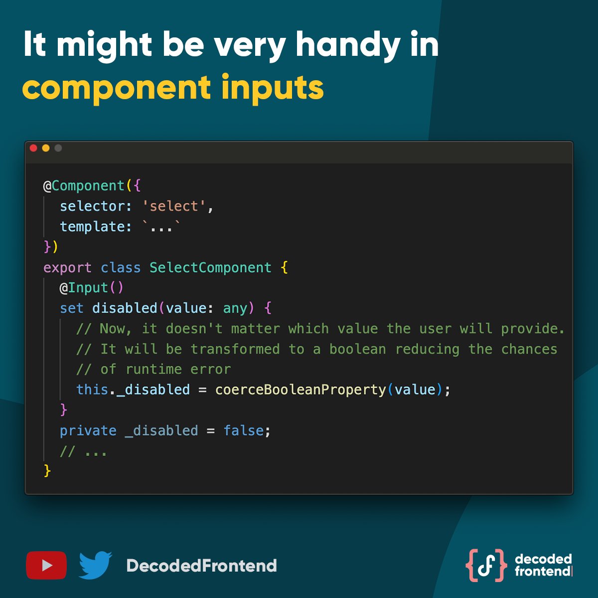 DecodedFrontend's tweet image. #FrontendSnack 20💡If you use #Angular CDK in your project you might find useful coercion helper functions that transform any provided data into a specific data type. Support me by sharing this post if you like it and subscribe to my YouTube: youtube.com/DecodedFrontend

#AngularTips
