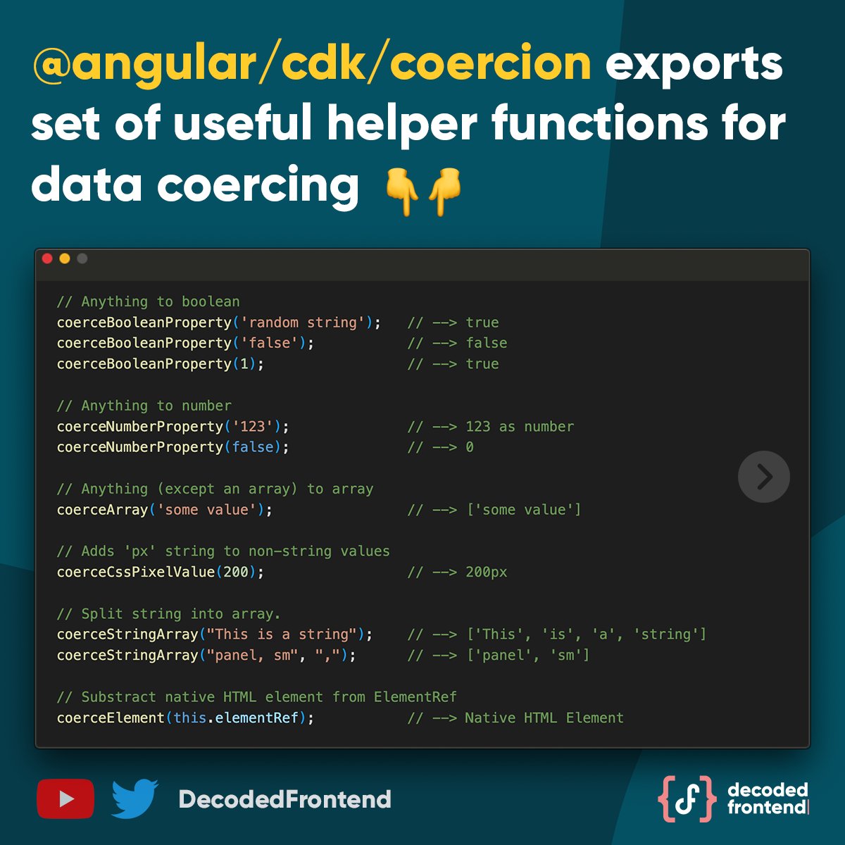 DecodedFrontend's tweet image. #FrontendSnack 20💡If you use #Angular CDK in your project you might find useful coercion helper functions that transform any provided data into a specific data type. Support me by sharing this post if you like it and subscribe to my YouTube: youtube.com/DecodedFrontend

#AngularTips