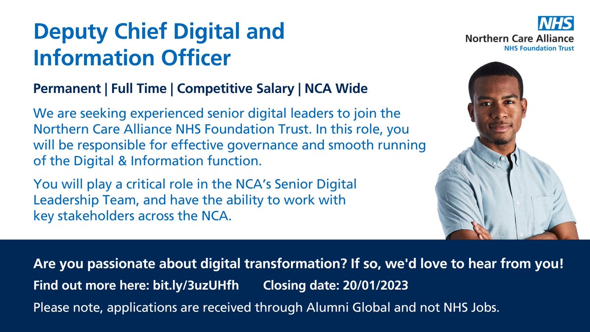 An excellent opportunity has arisen for a Deputy Chief #Digital Information Officer to join <a href="/NCAlliance_NHS/">Northern Care Alliance NHS Foundation Trust (NCA)</a>!

The #DCDIO will be responsible for effective governance and smooth running of the Digital &amp; Information function.

Read more⤵️
bit.ly/3uzUHfh

#NCACareers
