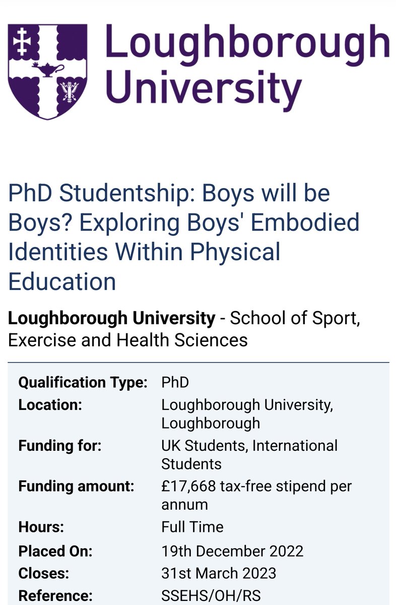Dr Oliver Hooper (@drorhooper) on Twitter photo 🚨 Fully-funded PhD studentship 🚨
Come and do a PhD with me and <a href="/DrRASandford/">Dr Rachel Sandford</a> exploring boys' embodied identities within PE <a href="/LboroSSEHS/">LboroSSEHS</a>
Click below for more details and to apply ⤵️
jobs.ac.uk/job/CWB693/phd…
Please retweet 🔁 and share widely 📢
<a href="/lborouniversity/">Loughborough University</a> 🚨 Fully-funded PhD studentship 🚨
Come and do a PhD with me and <a href="/DrRASandford/">Dr Rachel Sandford</a> exploring boys' embodied identities within PE <a href="/LboroSSEHS/">LboroSSEHS</a>
Click below for more details and to apply ⤵️
jobs.ac.uk/job/CWB693/phd…
Please retweet 🔁 and share widely 📢
<a href="/lborouniversity/">Loughborough University</a>