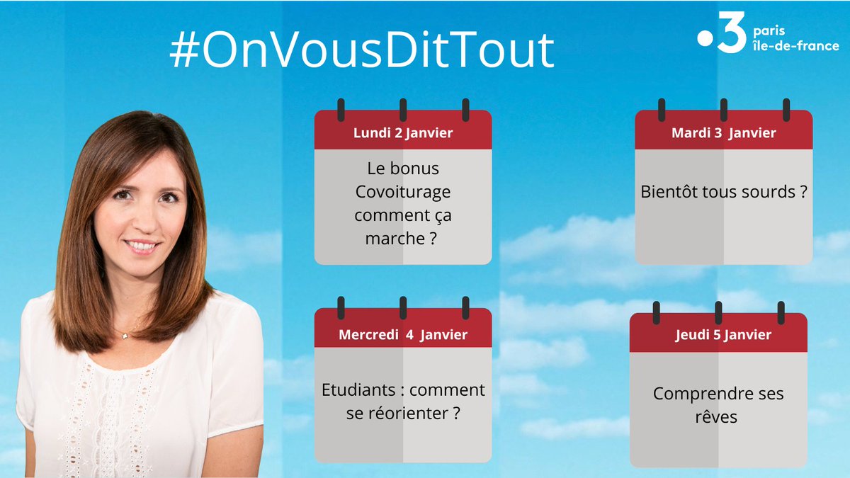France3Paris's tweet photo. ⏩ #OnVousDitTout 

Comprendre ses rêves 

Aujourd'hui @JulieJacquard reçoit Marielle LAHEURTE - spécialiste des rêves

#reves #therapeute

Envoyez-nous vos questions  
➡ onvousdittout@francetv.fr

📅 Du lundi au Jeudi à 11h50

⏪ https://t.co/8C6VC0hLS2 https://t.co/toc0nmTSU8