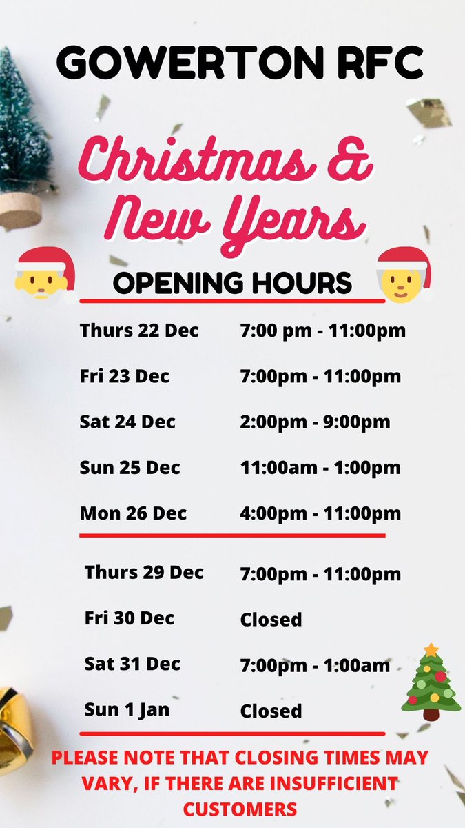 gowertonrfc's tweet photo. Christmas &amp; New Year opening hours https://t.co/RK6w9ereLi