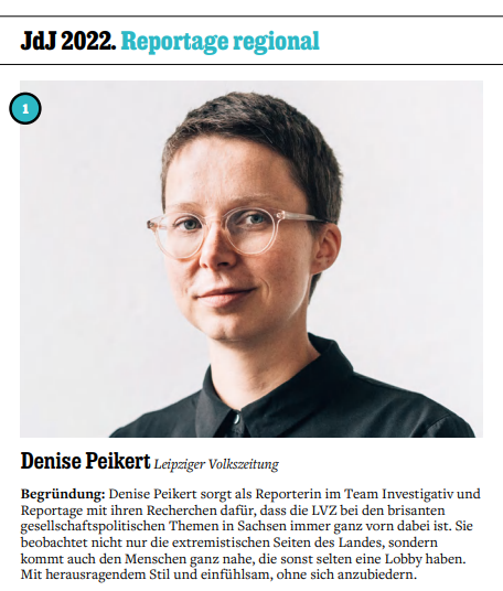 🥳 Unsere Kollegin <a href="/denuse/">Denise Peikert</a> ist nicht nur ein feiner Mensch und eine grandiose Reporterin mit einem feinfühligen, präzisen Schreibstil-nun ist sie auch vom <a href="/mediummagazin/">medium magazin</a> zur Lokaljournalistin des Jahres gekürt worden für ihre Reportagen. Die <a href="/LVZ/">LVZ</a> freut sich sehr mit Dir! #JdJ2022