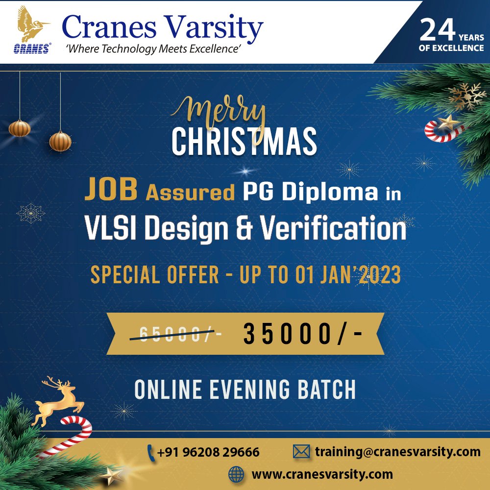 CranesVarsity's tweet photo. Exclusive Discount Offer! 

50% Off on Course Fee. Offer valid till 01 Jan 2023.

#VLSI #vlsidesign #vlsitraining #courses #training #electronics #oops #programming #verilog #VHDL #FPGA #microcontroller #Xilinx  #engineering #engineers #ECE #EEE #cranesvarsity #edtech #bangalore https://t.co/y3rkYn6laa