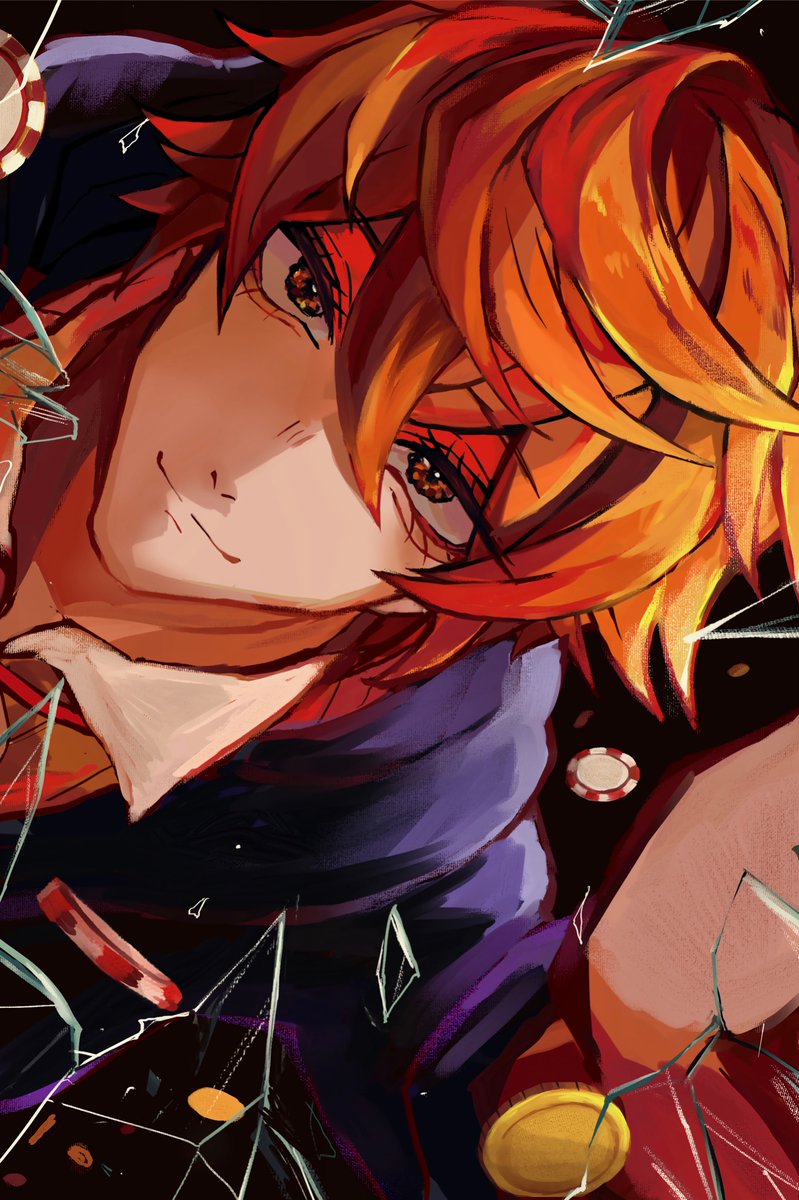 1boy male focus solo looking at viewer orange hair smile coin  illustration images