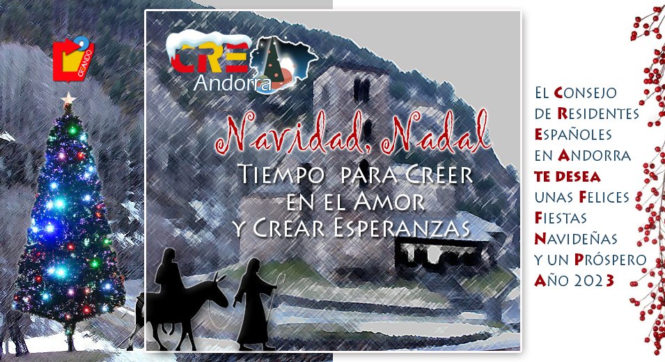 InicedXXI's tweet photo. @CreAndorra 
Desde el Consejo de Residentes Españoles en Andorra, CRE, os deseamos que pases una Feliz Navidad y un Próspero Año Nuevo! https://t.co/DLICc9gw1B