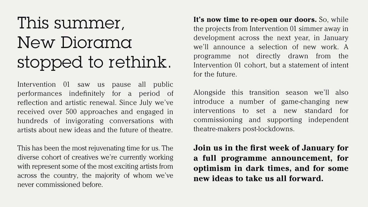 newdiorama's tweet image. Last week we were nominated for @TheStage Innovation Award for INTERVENTION 01, which saw us suspend public performances indefinitely.

Today here's an update and a statement about our future.