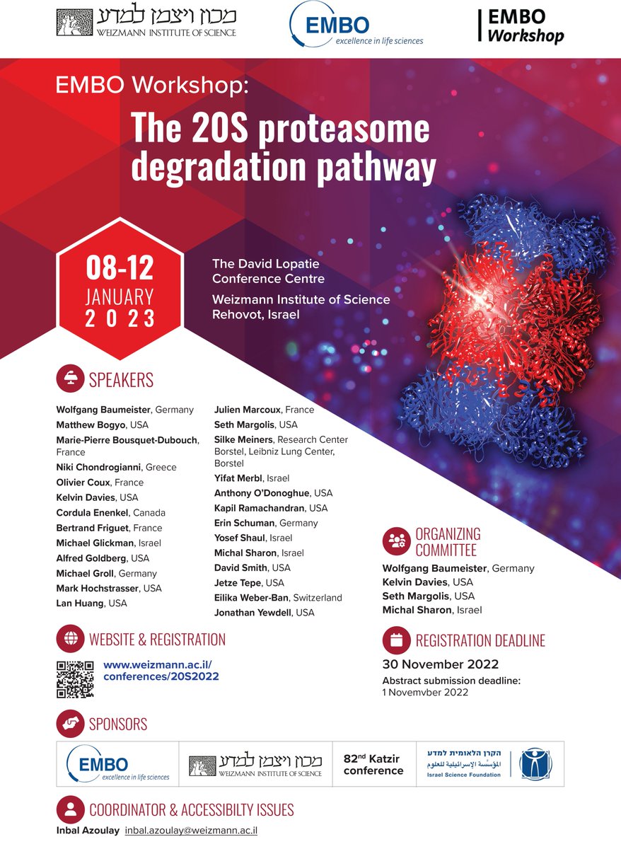 Less than 1 month to the 20S proteasome meeting at <a href="/WeizmannScience/">Weizmann Institute</a>
weizmann.ac.il/conferences/20…
with <a href="/EMBOevents/">EMBO Events</a> @ProteoCure @JulienMarcoux2 <a href="/YMerbl/">Yifat Merbl lab</a> <a href="/KVRamachandran5/">Kapil Ramachandran</a>, <a href="/mbogyo/">Matthew Bogyo</a> @o_coux @MeinersLab <a href="/jetze_tepe/">Jetze Tepe</a> <a href="/erin_schuman/">Erin schuman</a> <a href="/seth_margolis/">Seth S. Margolis</a>