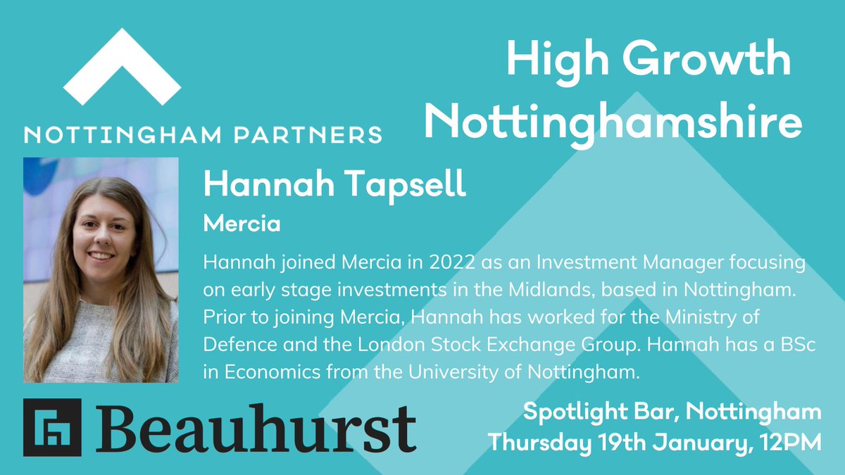 We're looking forward to our first lunch of 2023 where a panel of experts, including Hannah Tapsell from Mercia will be reviewing a report written by <a href="/Beauhurst/">Beauhurst</a> on Nottinghamshire's high growth companies. Contact hello@nottinghampartners.co.uk for more details.