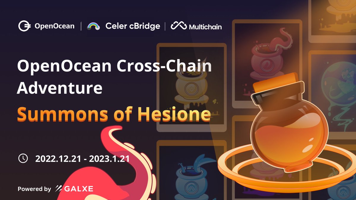 OpenOcean - A leading DeFi Aggregator (@openoceanglobal) on Twitter photo 💙Holiday adventures on OpenOcean!
🔥To celebrate the launch of cross-chain swap, we partnered with <a href="/CelerNetwork/">CelerNetwork</a> & <a href="/MultichainOrg/">Multichain (Previously Anyswap)</a> to launch a Cross-Chain adventure available on <a href="/Galxe/">Galxe</a>!
🎁Complete tasks to mint the precious Hesione #NFT
Get started👇
galxe.com/OpenOcean/camp… 💙Holiday adventures on OpenOcean!
🔥To celebrate the launch of cross-chain swap, we partnered with <a href="/CelerNetwork/">CelerNetwork</a> & <a href="/MultichainOrg/">Multichain (Previously Anyswap)</a> to launch a Cross-Chain adventure available on <a href="/Galxe/">Galxe</a>!
🎁Complete tasks to mint the precious Hesione #NFT
Get started👇
galxe.com/OpenOcean/camp…