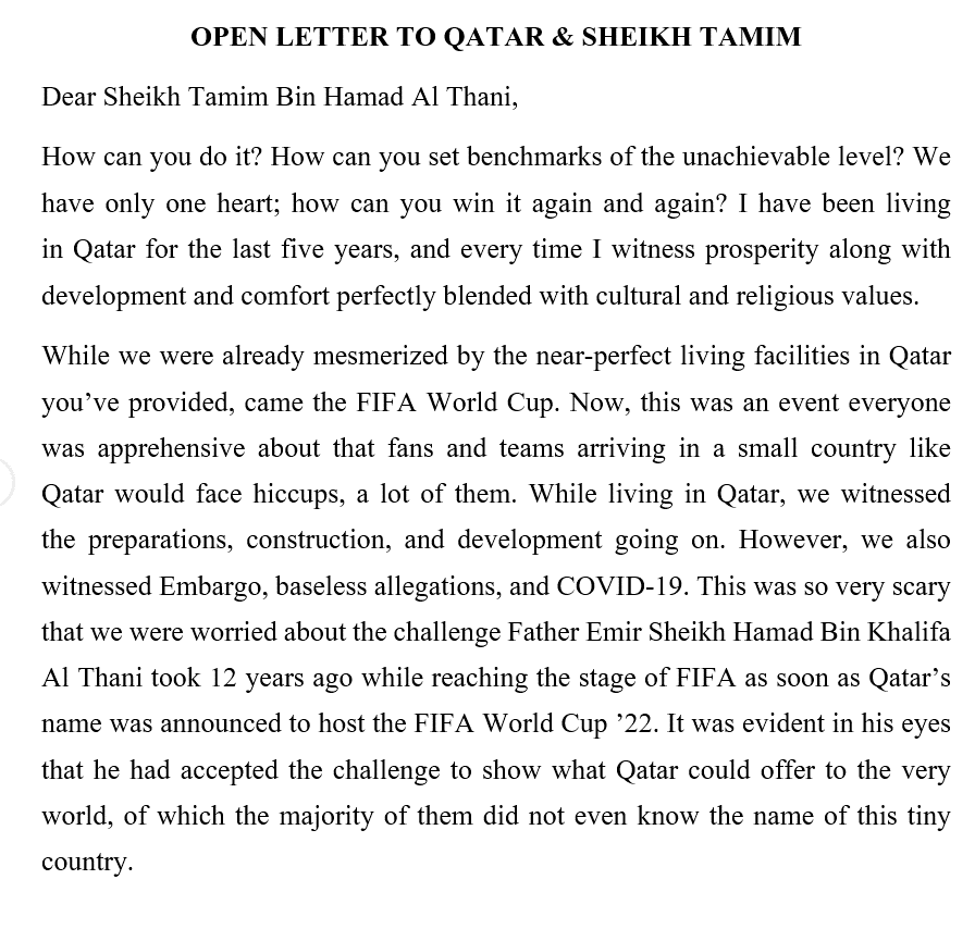 awais_aa's tweet photo. An Open Letter to @TamimBinHamad

All about the last 1 month, &amp; more...

@MOI_QatarEn @HukoomiQatar @IndEmbDoha @roadto2022 @roadto2022en @GCOQatar @WeAreQatar @QatarNewsAgency @qatarnews @dohanews @PeninsulaQatar @QNAEnglish #QatarWorldCup #Qatar @FIFAcom @FIFAWorldCup https://t.co/Xgie73SAhC
