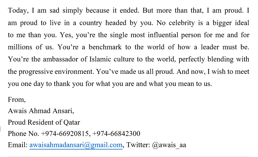 awais_aa's tweet photo. An Open Letter to @TamimBinHamad

All about the last 1 month, &amp; more...

@MOI_QatarEn @HukoomiQatar @IndEmbDoha @roadto2022 @roadto2022en @GCOQatar @WeAreQatar @QatarNewsAgency @qatarnews @dohanews @PeninsulaQatar @QNAEnglish #QatarWorldCup #Qatar @FIFAcom @FIFAWorldCup https://t.co/Xgie73SAhC