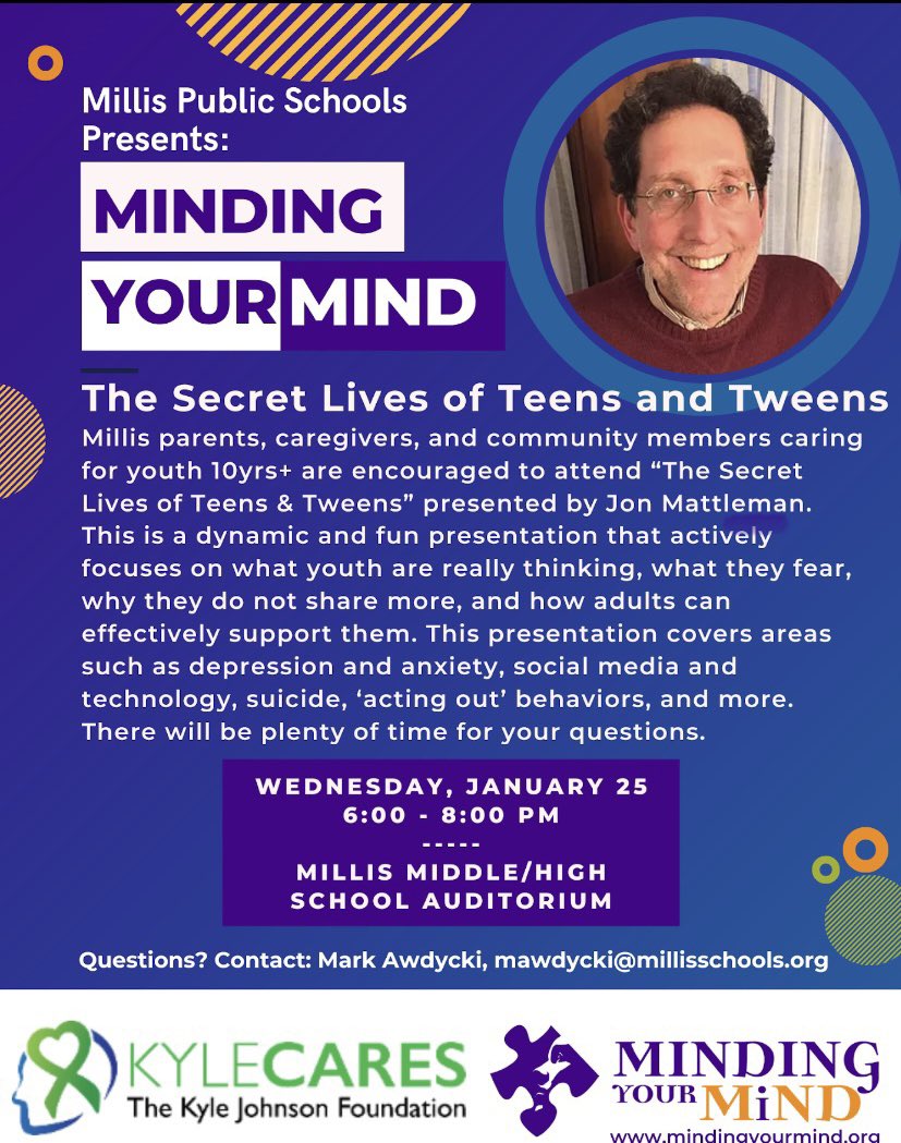 In a month I will be <a href="/millismiddle/">Millis Middle School</a>, #Massachusetts partnering with @MindingYourMind on my fav presentation!  Special thanks to KyleCaresinc.org for sponsoring.

Free, please join me!

<a href="/MillisAthletics/">Millis Athletics</a> <a href="/MillisLibrary/">Millis Public Library</a> <a href="/MHS1Counseling/">Millis HS Counseling</a> <a href="/millishigh/">Millis High School</a> <a href="/MillisPolice/">Millis Police Dept</a> <a href="/millismiddle/">Millis Middle School</a>