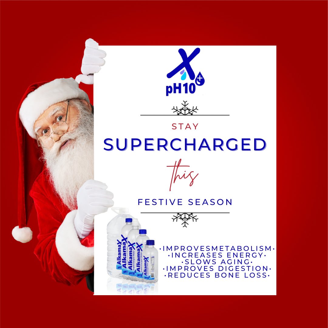 Stay supercharged this festive season. 

#alkamax 
#water 
#alkaline 
#alkalinewater 
#alkalinewaterbenefits 
#julius 
#Dudu 
#SAPS