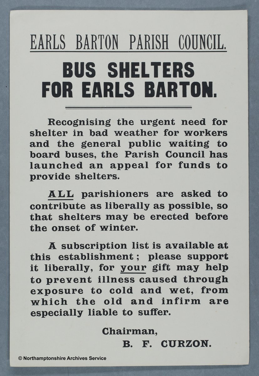 NorthantsPast's tweet image. Printed notice of appeal by PC for funds for bus shelters, date unknown.
Reference: 110p/384