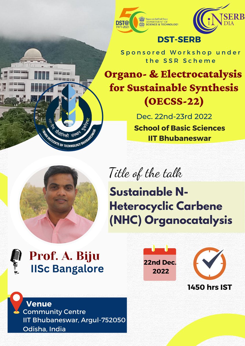 OECSS22's tweet photo. The 3rd invited speaker @OECSS22 is well-known to simplify the synthesis of tricky molecules via NHC catalysis. Checkout who is he..Thankful to him for gracing the occasion @IITBhubaneswar https://t.co/ySWDnCm8dN