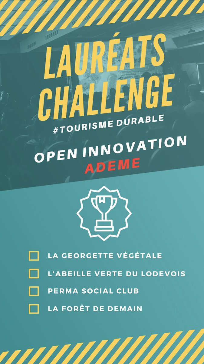 [#OpenInnovation]
🏆 Félicitations aux 4 vainqueurs de la finale du challenge #OpenInnovation de l’<a href="/ademe/">ADEME</a> "Souvenirs et territoires durables en Occitanie" :
🔸Georgette Végétale
🔸L’abeille verte du Lodévois
🔸La forêt de demain
🔸Perma Social Club
Infos 👉innoverpourlatransitionecologique.fr/fr/challenges/…