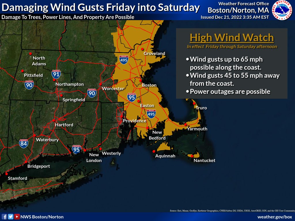 The latest from NOAA.

Damaging winds up to 65 MPH Friday from the south or southeast, and strong west/southwest winds up to 45 MPH Saturday. Minor to Moderate coastal flooding along parts of both the east and south coasts during the Friday morning high tide.