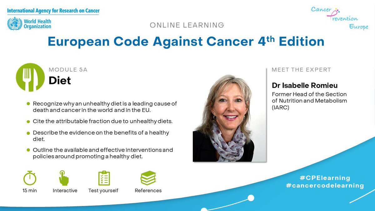 IARCWHO's tweet photo. 12 recommendations can help you reduce your #CancerRisk!
Check out the #CPElearning module on diet 🍴 from the @cancercode for an example!
This #CancerCodeLearning module is now also available in 🇫🇷 & 🇭🇺!
https://t.co/NFuSn2BJ2h https://t.co/HzxpFxSqUD