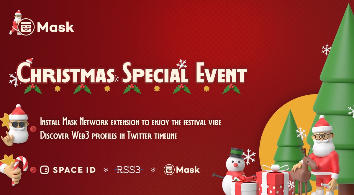 1/ 🎄Mask 2022 Xmas Event🎄

Avatar Web3 Profile Card (powered by <a href="/rss3_/">RSS3 🟦</a>), our new feature is now live with a festival-exclusive theme!

We are thrilled to hold this event with <a href="/SpaceIDProtocol/">SPACE ID</a>

🎁 Join our event to try out the new feature and get gifts!

Details below ⬇️
