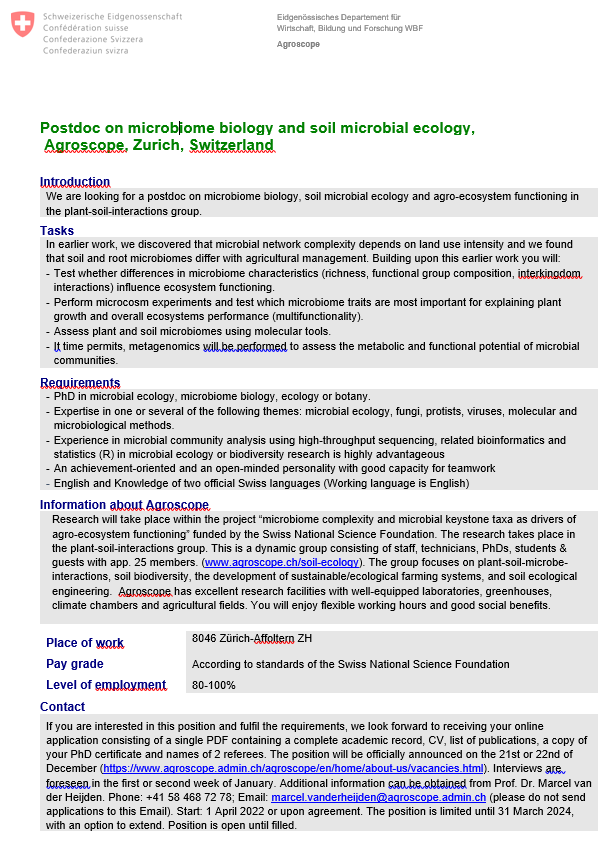New Postdoc Position on Microbiome Biology and Soil Microbial Ecology in Our Lab.

Please apply at this link:
jobs.admin.ch/offene-stellen…

In the lab we speak German and English. Applications  preferably in English (the application portal is in German/French). Reference: JRQ$540-3904