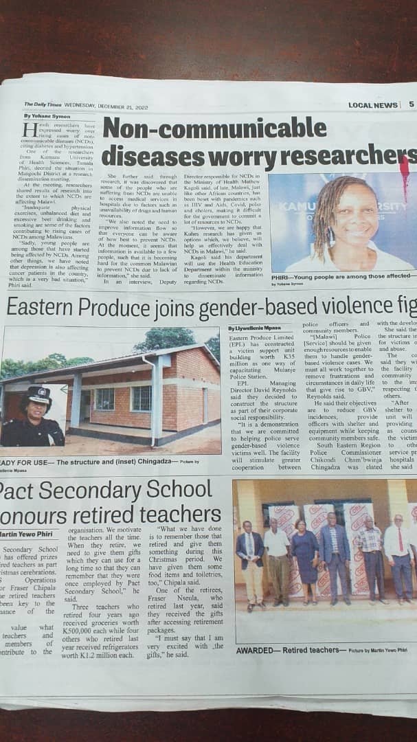 drtamaraphiri's tweet photo. 📌in today's @Times360Malawi paper

Had a successful meeting with stakeholders in #Malawi sharing findings from our research under @Cebha01 @KUHeS_CEBHA

More work needed to address diabetes mellitus and hypertension in Malawi 

 @ntasep5 @RulisaS @NasreenJessani @dktumusiime https://t.co/AVqCNiKt6h