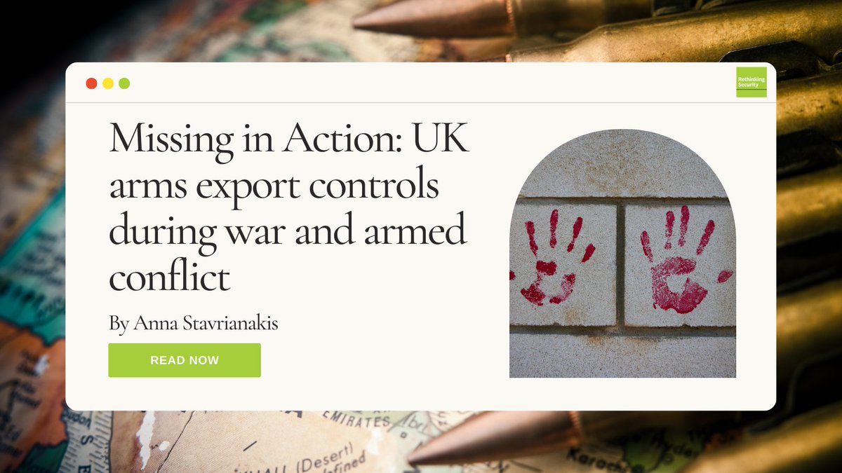 We are counting down our top 10 most-read blog posts, and at number 9 we have...

'Missing in Action: UK arms export controls during war and armed conflict' by <a href="/StavrianakisA/">Anna Stavrianakis</a> 

Check out the piece here - rethinkingsecurity.org.uk/2022/03/15/uk-… 

#RSCountdown #war #security