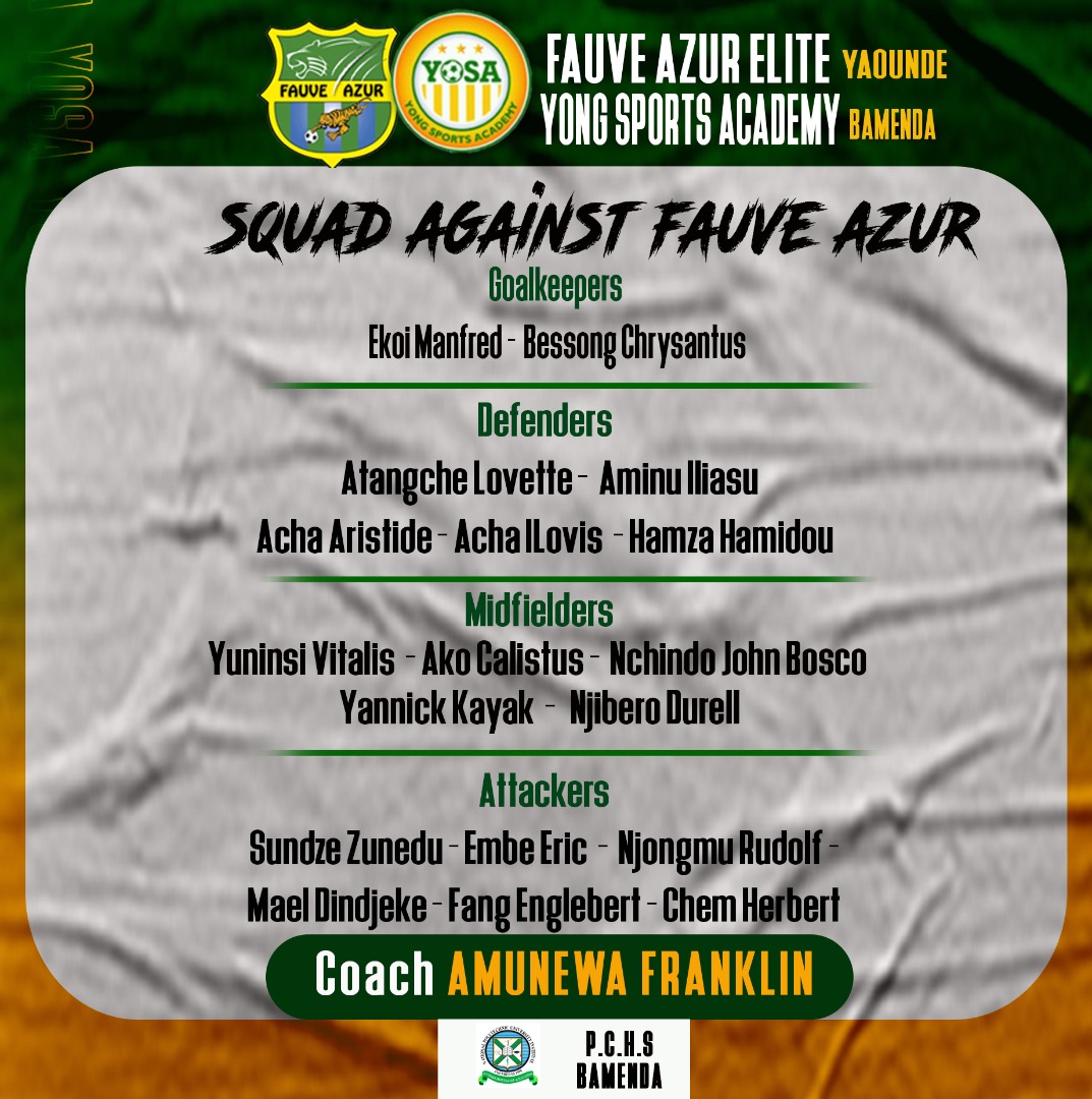 Here is our squad to take on <a href="/FauveAzur/">Fauve Azur Elite FC</a> this #Saturday at the Annex A of the Olembe stadium in Yaounde
<a href="/CTFP9/">CTFP</a> <a href="/FecafootOfficie/">Fecafoot-Officiel</a> <a href="/kick442/">ジュリオ</a> <a href="/Kosi_foottalk/">KOSI_FOOTTALK</a> @StreetTv1234
