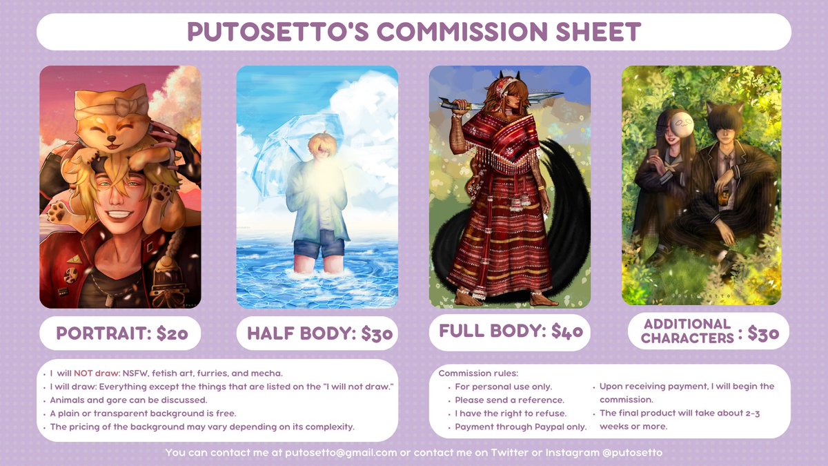 ~PUTOSETTO'S COMMISSION SHEET~

#commissions #commissionsopen #commissionsart #commissionsartist #commissionsareopen #commissionsheet #digitalart #digitalpainting #artwork
