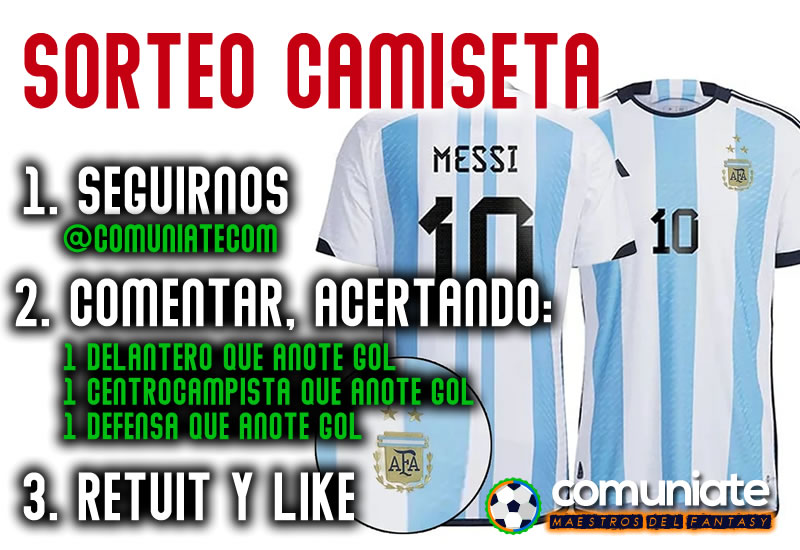 ⚪️🔵⚪️🔵⚪️🔵
Sorteo Camiseta Argentina 10 MESSI

1⃣ Seguirnos
2⃣ Like y Retuit
3⃣ Acertar un delantero, centrocampista y defensa que marquen gol en la jornada 15.

Si hay varios acertantes se sorteará entre ellos.
Plazo: Inicio Jornada