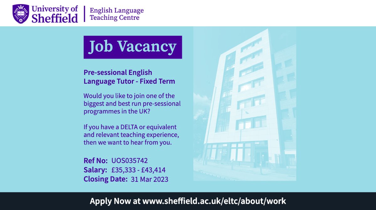 We're currently recruiting English Language Tutors to teach on our upcoming Summer 2023 courses.

If you're interested in working on one of the biggest and best run pre-sessional courses in the UK click the link below to view the job description &amp; apply:

sheffield.ac.uk/eltc/about/work