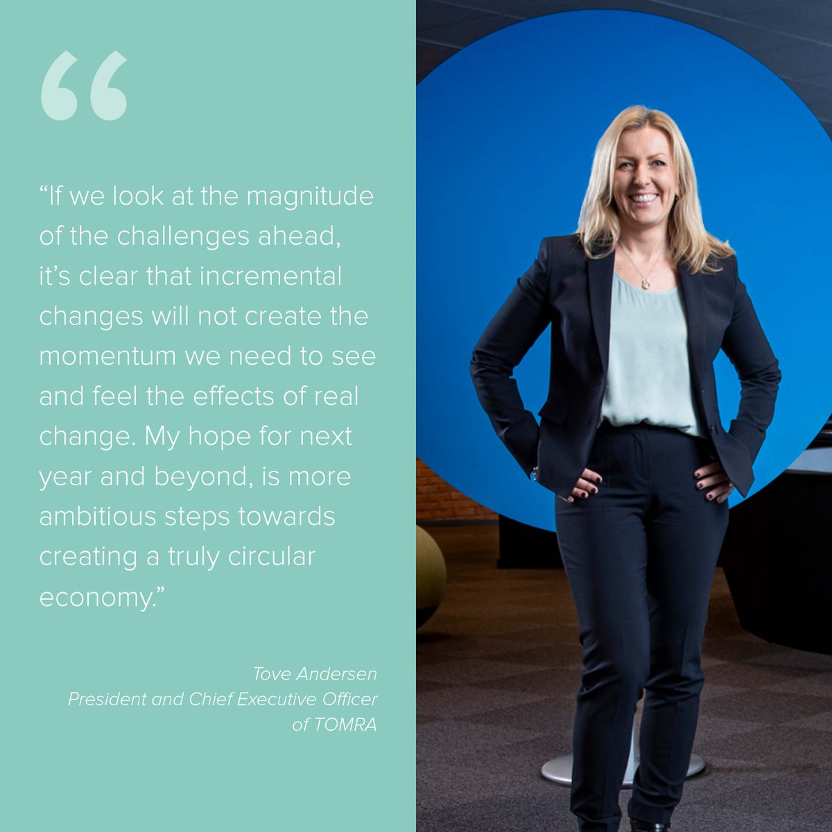 TOMRARecycling's tweet image. Only with clear action can we accelerate solutions to the #climatecrisis and affect real change before it’s too late. Tove Andersen, TOMRA’s President and CEO, echoes this sentiment in our final podcast episode of the year 🎧: lnkd.in/eJy-UHFn
#TOMRATalks #circulareconomy