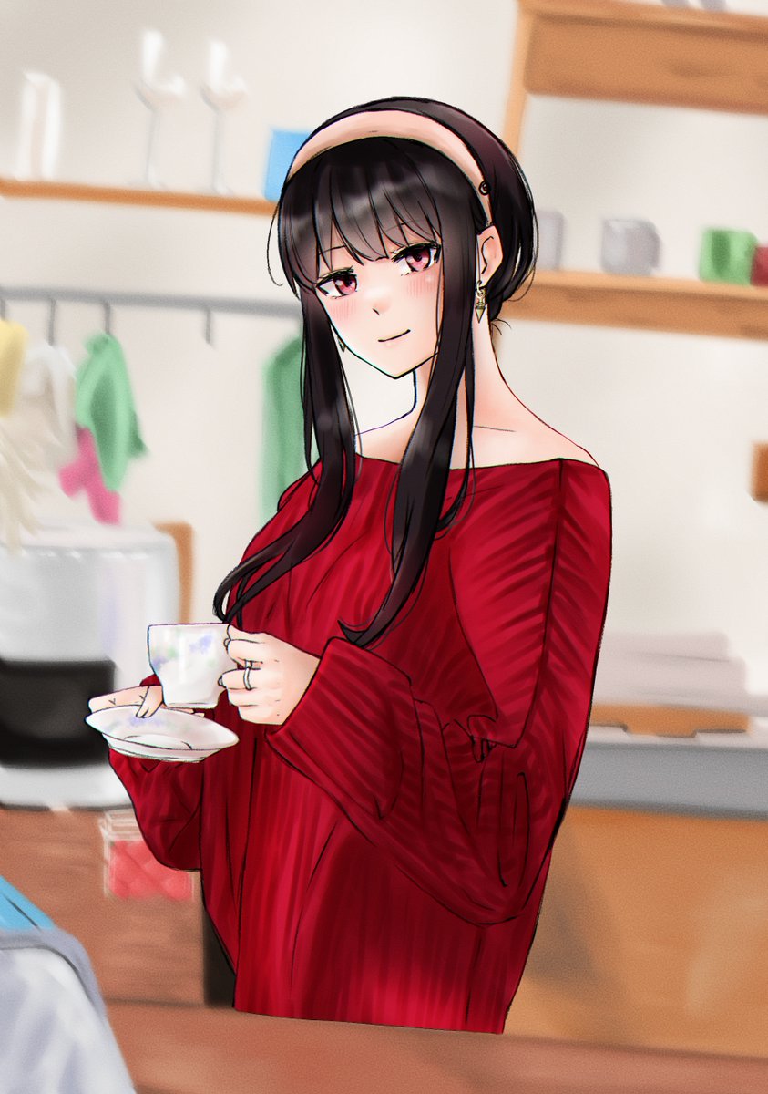 yor briar cup sweater black hair red sweater jewelry holding hairband  illustration images