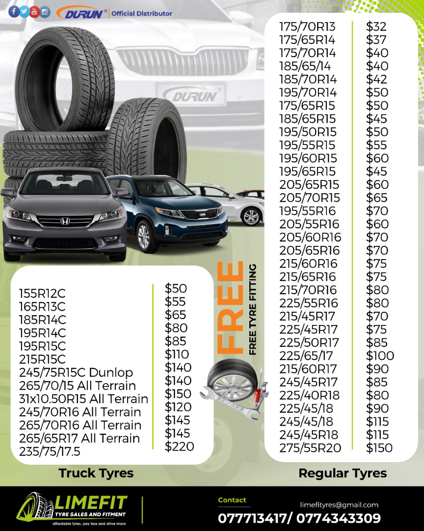 Limefit_tyres's tweet photo. Let us plug you with quality affordable tyres, and be assured of a good drive this holiday season.
FREE FITTING!!!
Visit any of our branches nationwide
Call/App:0777134177
#limefittyres #affordable #quality #holidaysavings https://t.co/6Y6yFgwFZO