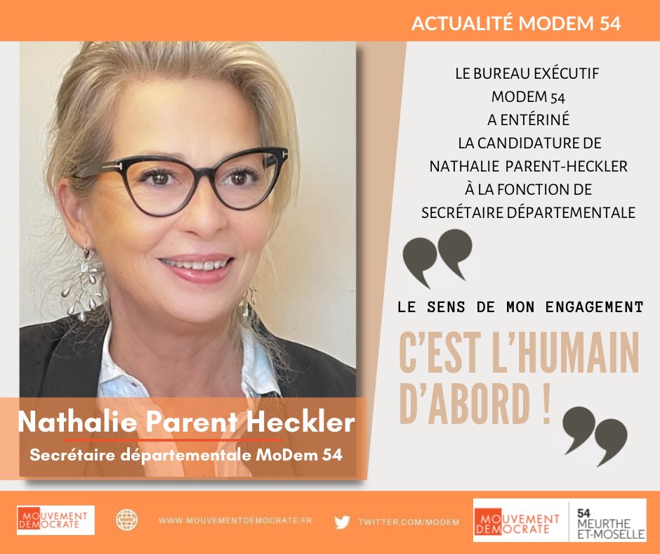 daniele_noel's tweet photo. Très heureuse d’accueillir au sein du Bureau exécutif @MoDem54 , Nathalie Parent Heckler. Figure bien connue à #Laxou, son expérience du terrain, ses qualités, ses compétences et son énergie sont ainsi mises à l’actif de notre Mouvement.
#MoDem54 #MoDem @MoDem Com #presse ⬇️ https://t.co/LDGd3JdbgU