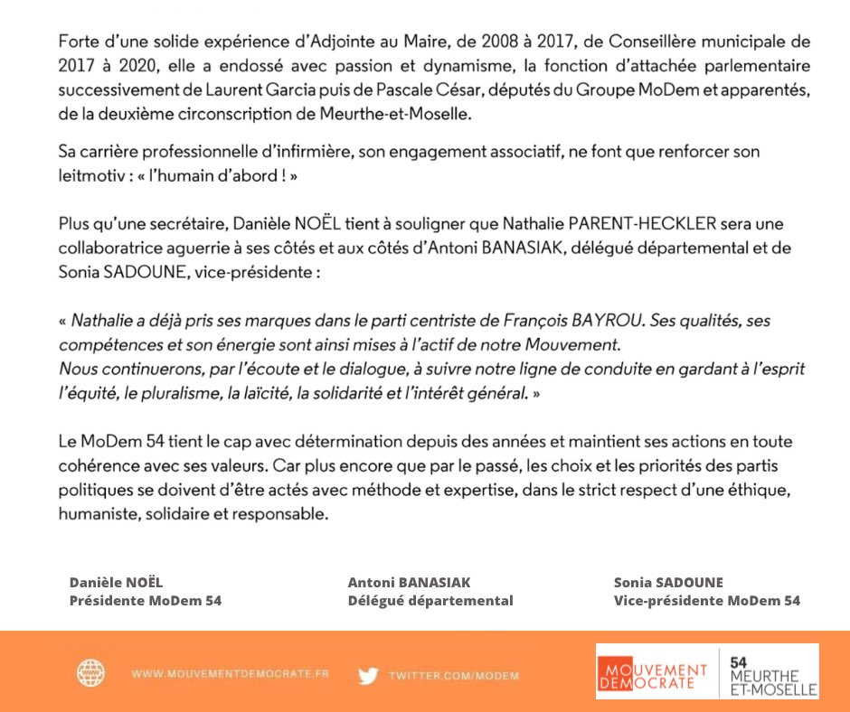 daniele_noel's tweet photo. Très heureuse d’accueillir au sein du Bureau exécutif @MoDem54 , Nathalie Parent Heckler. Figure bien connue à #Laxou, son expérience du terrain, ses qualités, ses compétences et son énergie sont ainsi mises à l’actif de notre Mouvement.
#MoDem54 #MoDem @MoDem Com #presse ⬇️ https://t.co/LDGd3JdbgU