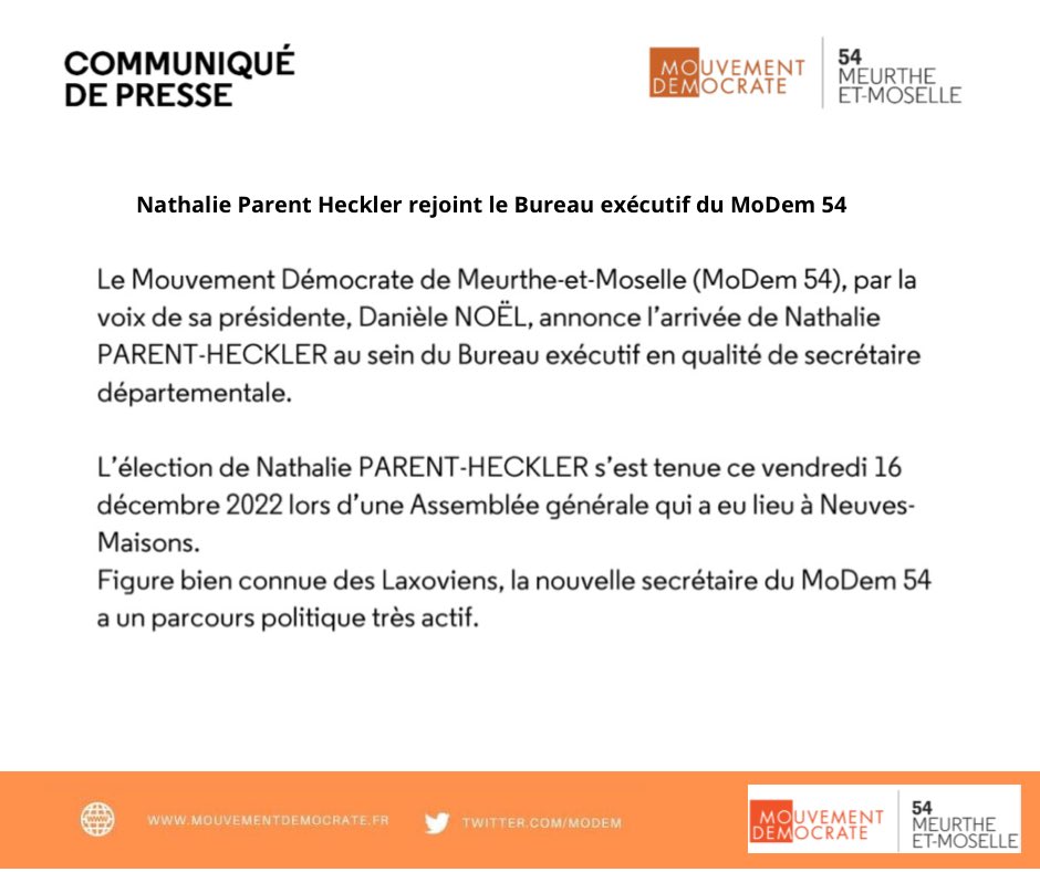 daniele_noel's tweet photo. Très heureuse d’accueillir au sein du Bureau exécutif @MoDem54 , Nathalie Parent Heckler. Figure bien connue à #Laxou, son expérience du terrain, ses qualités, ses compétences et son énergie sont ainsi mises à l’actif de notre Mouvement.
#MoDem54 #MoDem @MoDem Com #presse ⬇️ https://t.co/LDGd3JdbgU