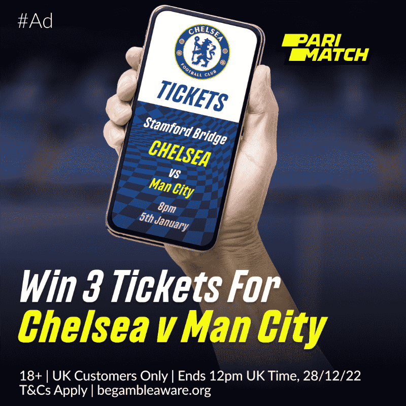 ParimatchUK's tweet photo. 🎁 2 x 3 Chelsea tickets up for grabs!

We're teaming up with @ChelseaFC to give YOU the chance to WIN 3 tickets to Chelsea vs. Man City, 5th January!

To enter:
📲 Follow @ParimatchUK
🔁 Retweet this post
💬 Reply with #ParimatchCFC

T&amp;Cs Apply.

#CFC