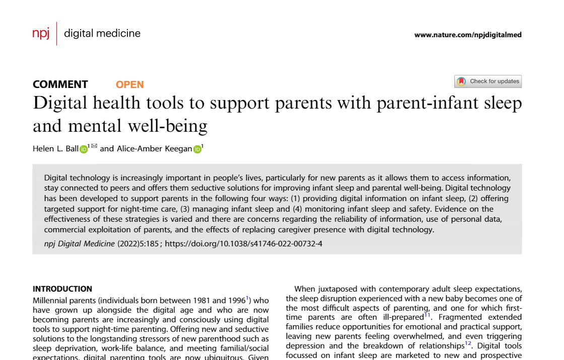 I wrote a commentary with @BasisOnline1 titled 'Digital health tools to support parents with parent-infant sleep and mental well-being', which has been published today in NPJ Digital Medicine. It is open access and available here: rdcu.be/c10P5 @SpringerNature