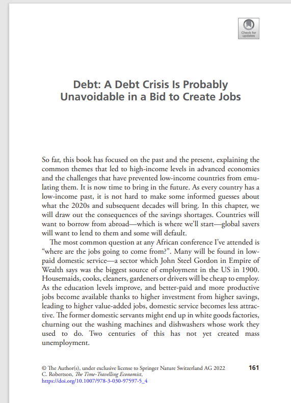 TTTEconomist's tweet photo. Ghana's default was a predictable scenario in 2021 whilst writing The Time Travelling Economist (albeit one we hoped could be avoided).  We will see others default too because default is a fertility issue

Chapter 4 - A debt crisis is probably unavoidable in a bid to create jobs https://t.co/OFwxmeoKfx