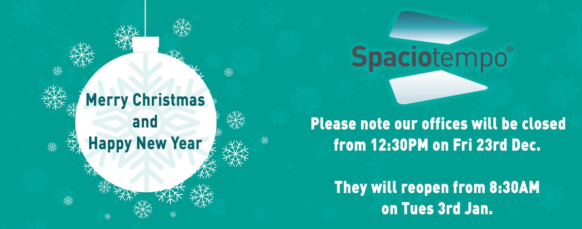 Spaciotempo's tweet photo. We would like to take the opportunity to wish our followers and customers a Merry Christmas and a Happy New Year! 🎁🎄

Please note our offices will be closed from 5PM on Friday 23rd December and reopen as normal from 8:30AM on Tuesday 3rd January.

#MerryChristmas #Spaciotempo https://t.co/CTusIYdY9Q