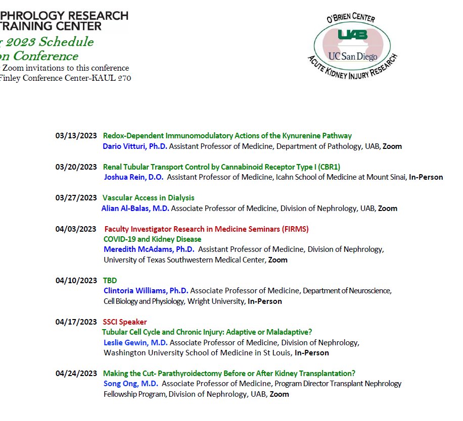UAB Nephrology (@uab_nrtc) on Twitter photo @NRTC Spring Seminar Schedule 👇👇👇
<a href="/BolisettySu/">Subhashini Bolisetty</a> <a href="/Carmendemigue12/">Carmen De Miguel, PhD, MS, FAHA</a>
Virtual and in-person seminars!! @NRTC Spring Seminar Schedule 👇👇👇
<a href="/BolisettySu/">Subhashini Bolisetty</a> <a href="/Carmendemigue12/">Carmen De Miguel, PhD, MS, FAHA</a>
Virtual and in-person seminars!!