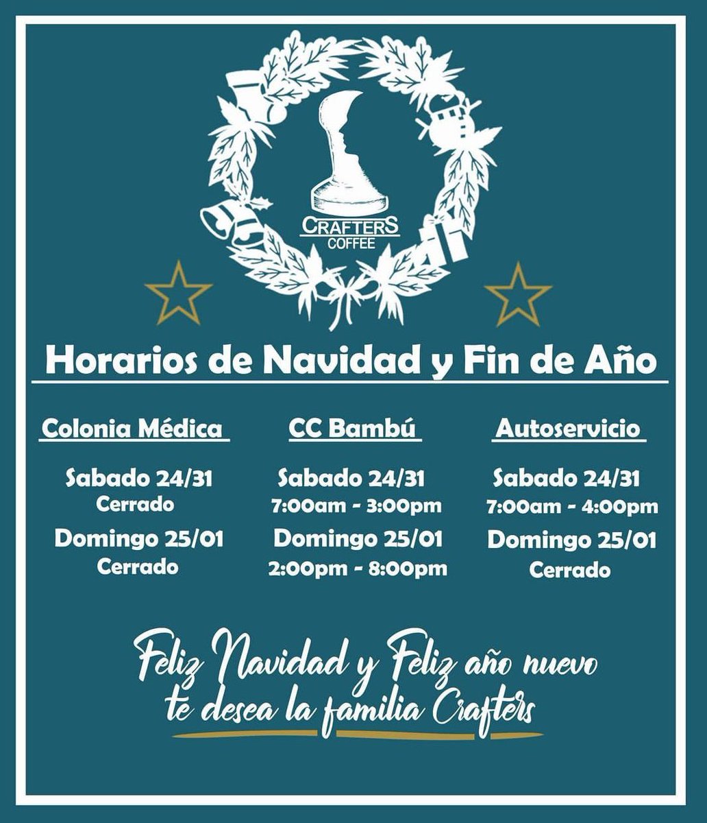 Crafterscoffee1's tweet photo. Buenos días.
Compartimos nuestros horarios en estas festividades , recordándoles que pueden pasar a nuestras sucursales por ese regalito para los Adictos al Café.

#AdictosAlCafé ☕
#ConsumeLocal 🇸🇻 https://t.co/QCUFQl8Cxc