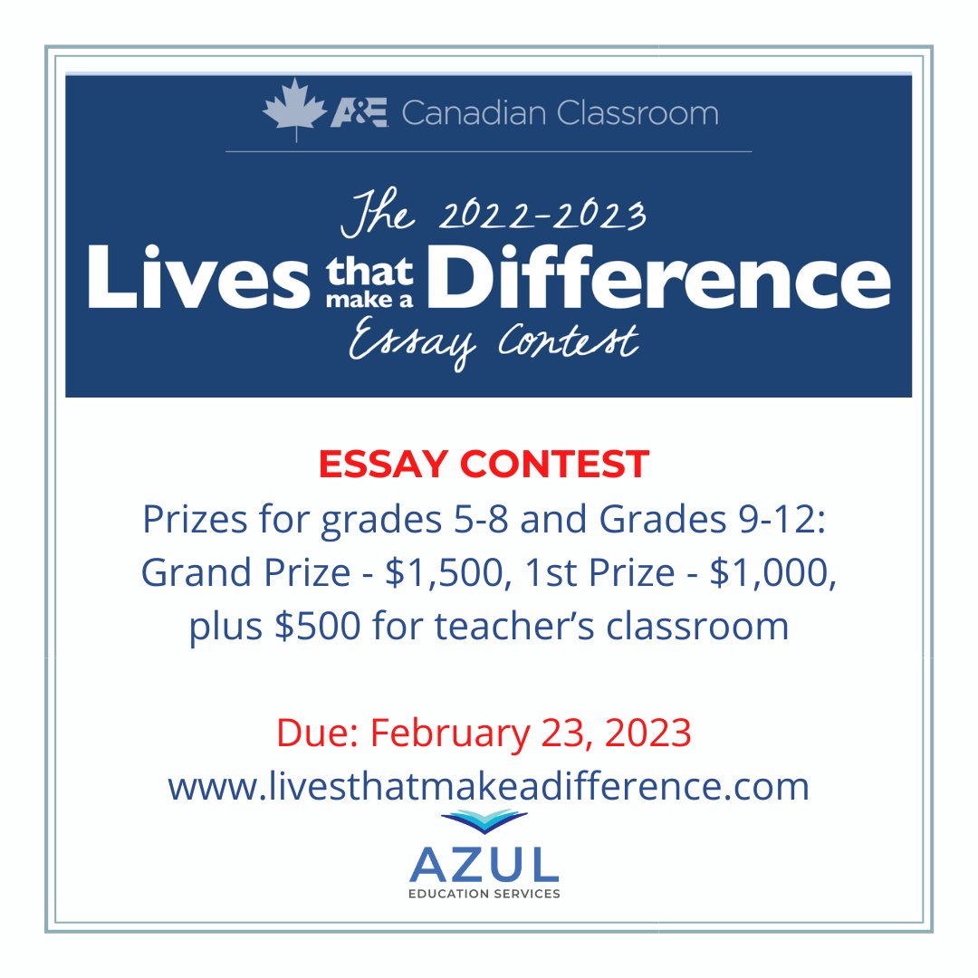 Deadline: February 23, 2023
"Lives that Make a Difference Essay Contest"
hhttps://livesthatmakeadifference.com/index.php
300 words essay
#scholarship #essay #highschool #scholarships #livesthatmakeadifference #essaycontest #canadian #essay #teachers #students #makeadifference