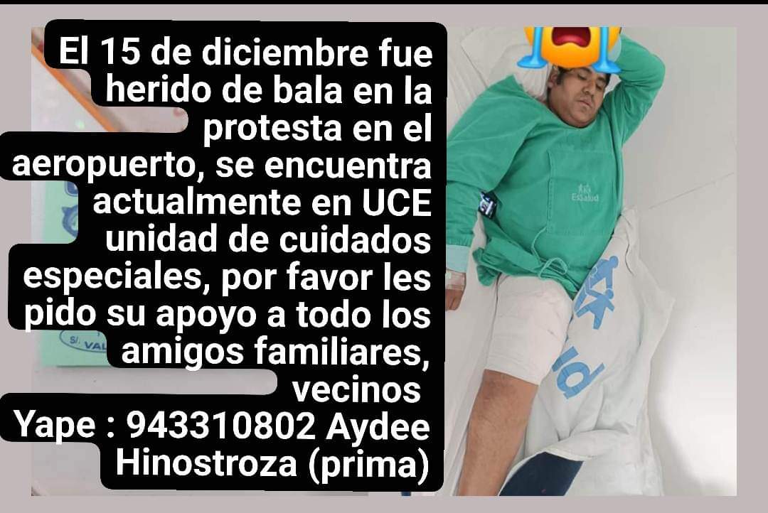 #URGENTE | Reyder Hinostroza fue herido de bala en protesta del 15dic. en Ayacucho, logró ser trasladado de emergencia a Lima, ahora se encuentra delicado en la UCE. Por ello, la familia ruega el apoyo de amigos, vecinos y población en general. 
Información y apoyo al 943310802.