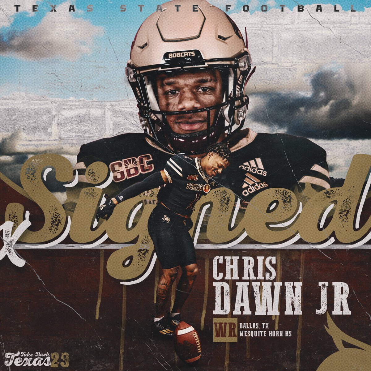 Texas State Football (@txstatefootball) on Twitter photo Let's #TakeBackTexas
Another big-time player coming down from Mesquite
โ๏ธ Chris Dawn, Jr. (<a href="/ChrisDawnJr/">Chris Dawn Jr</a>)
๐ Wide receiver
๐ Dallas, TX
โก๏ธ Mesquite Horn HS
#EatEmUp Let's #TakeBackTexas
Another big-time player coming down from Mesquite
โ๏ธ Chris Dawn, Jr. (<a href="/ChrisDawnJr/">Chris Dawn Jr</a>)
๐ Wide receiver
๐ Dallas, TX
โก๏ธ Mesquite Horn HS
#EatEmUp