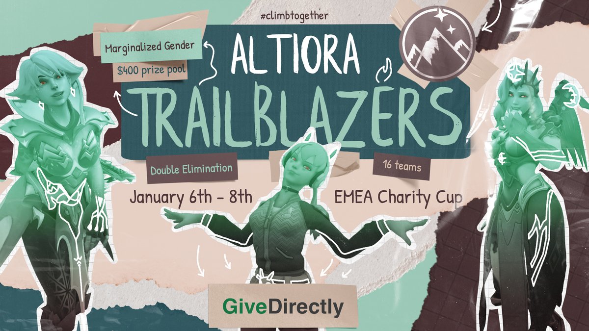 Tournament Announcement 🚨

Overwatch Altiora Trailblazers Cup: a monthly charity tournament for people of marginalized genders in EMEA, in support of <a href="/GiveDirectly/">GiveDirectly💸</a>! 

[Info Links Below]

#ClimbTogether🌿 / #TrailblazersCup / 🎨 @nyaajax